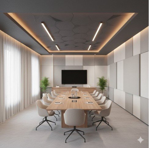 Поглощение речи и контроль реверберации в переговорной: стеновые панели Снижение уровня шума в офисе до 45 дБ: акустические панели в переговорной комнате